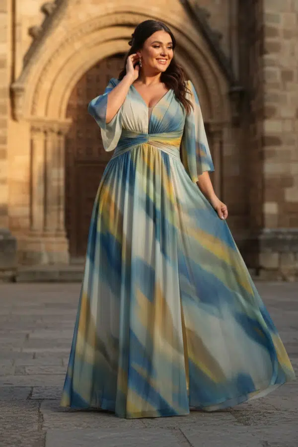 vestido invitada talla grande estampado azul y amarillo
