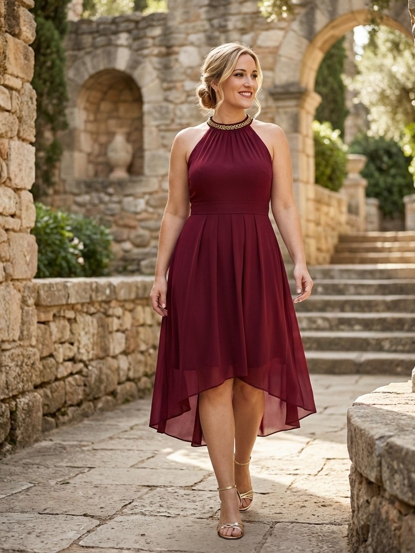 vestido de gasa cuello halter burdeos