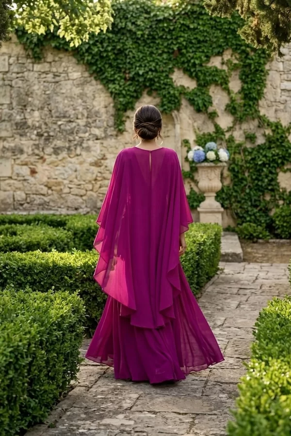 capa de gasa naira larga asimétrica, elegante cierre con botón al cuello
