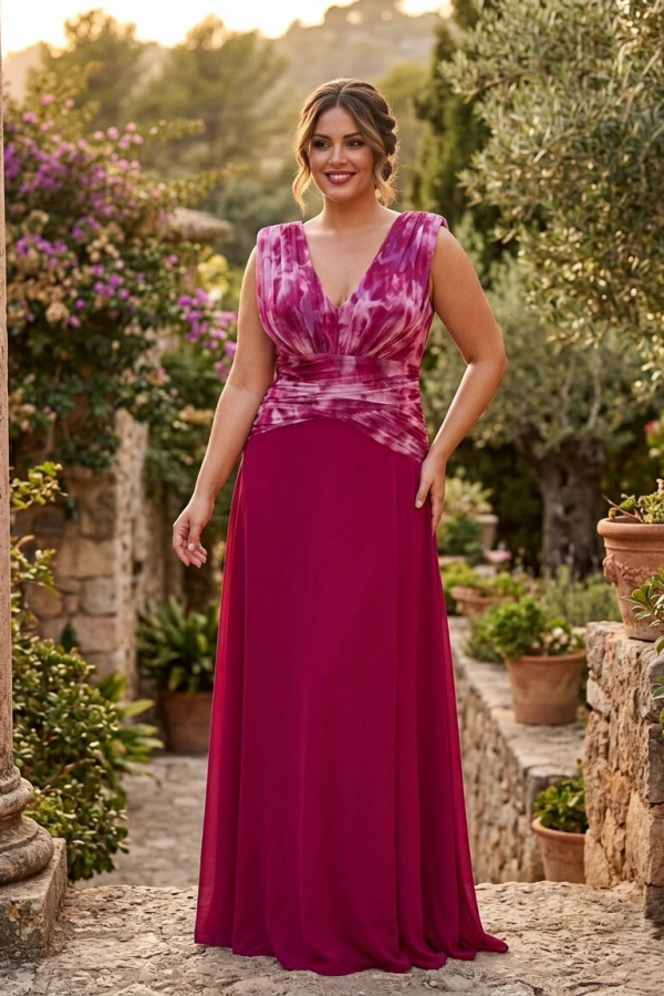 vestido cómodo de invitada, efecto estilizador color buganvilla