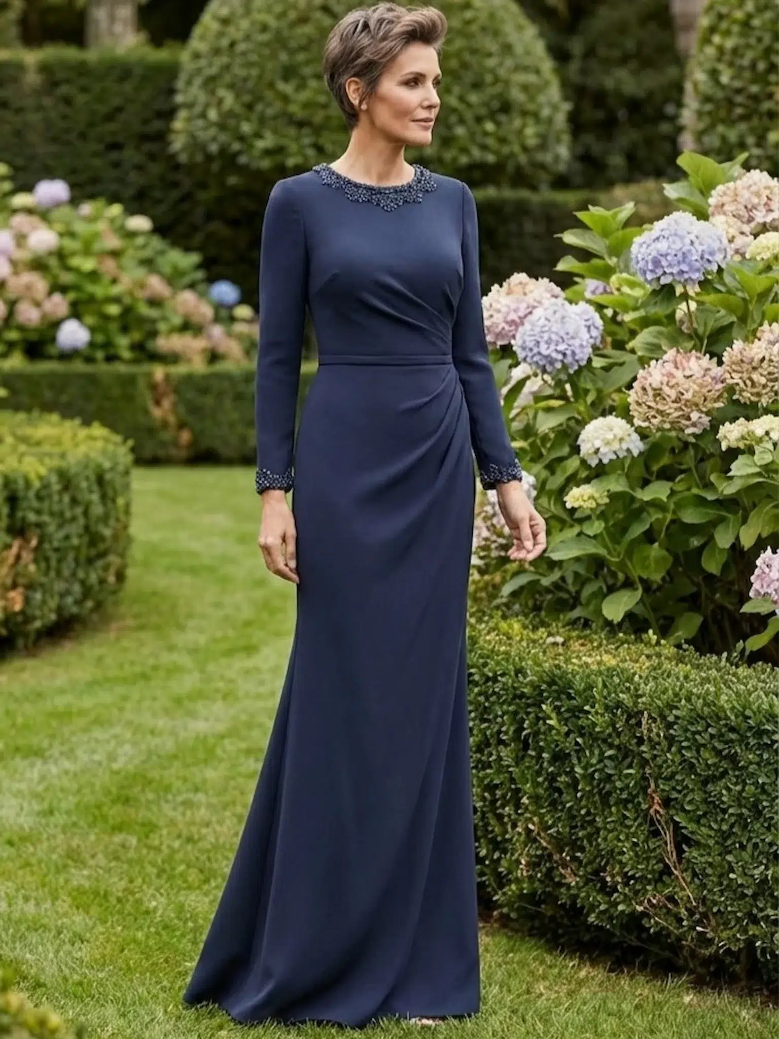 vestido largo de fiesta elegante azul marino con pedrería y mangas abiertas