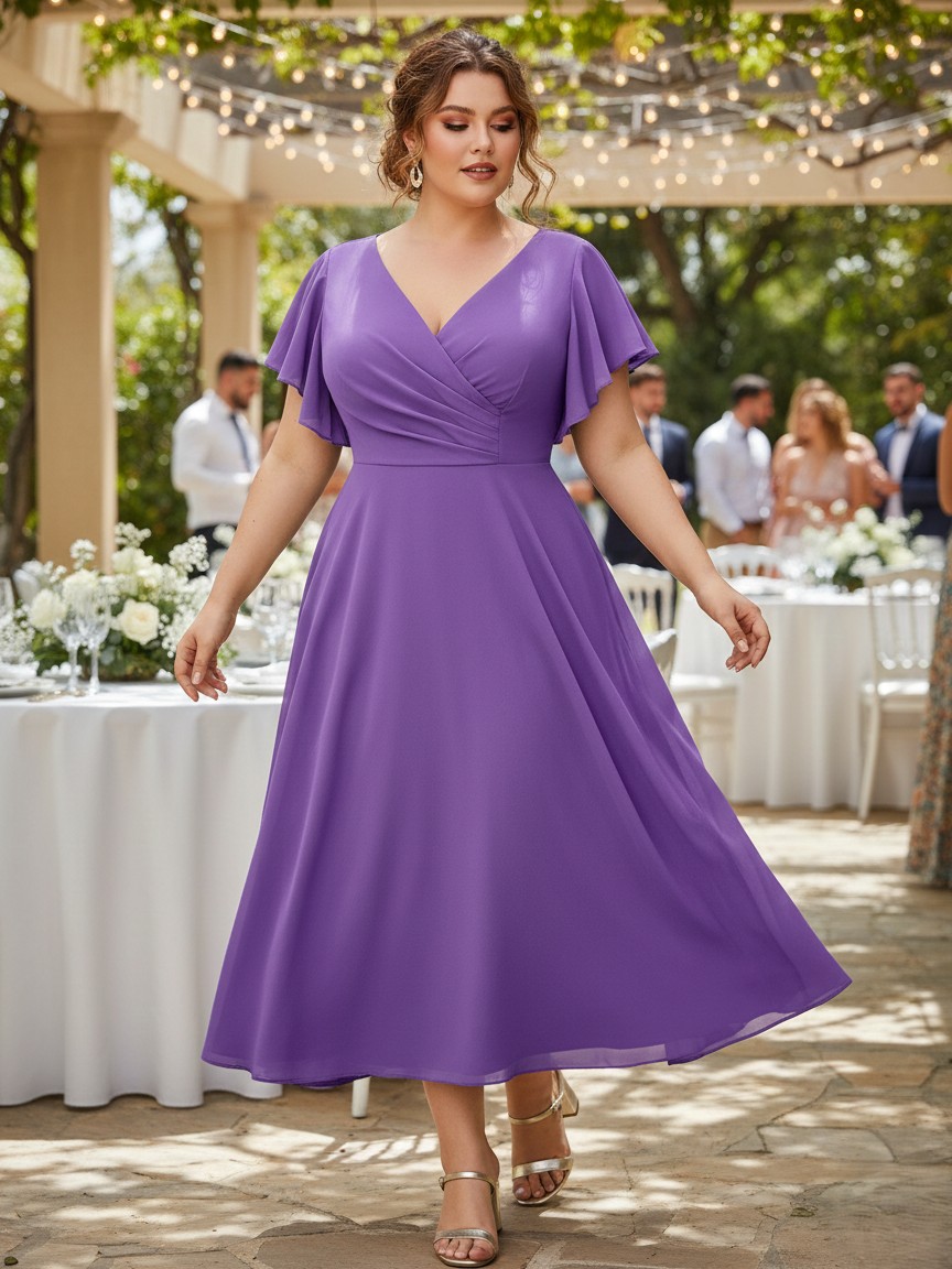 Vestido midi de invitada crepe ligero manga corta
