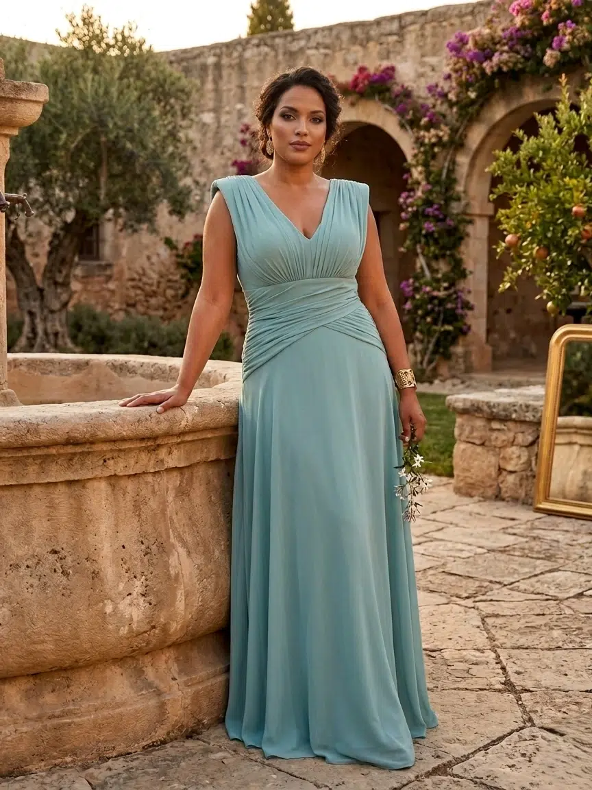 vestido largo de invitada elegante de gasa con escote en pico y color azul hielo