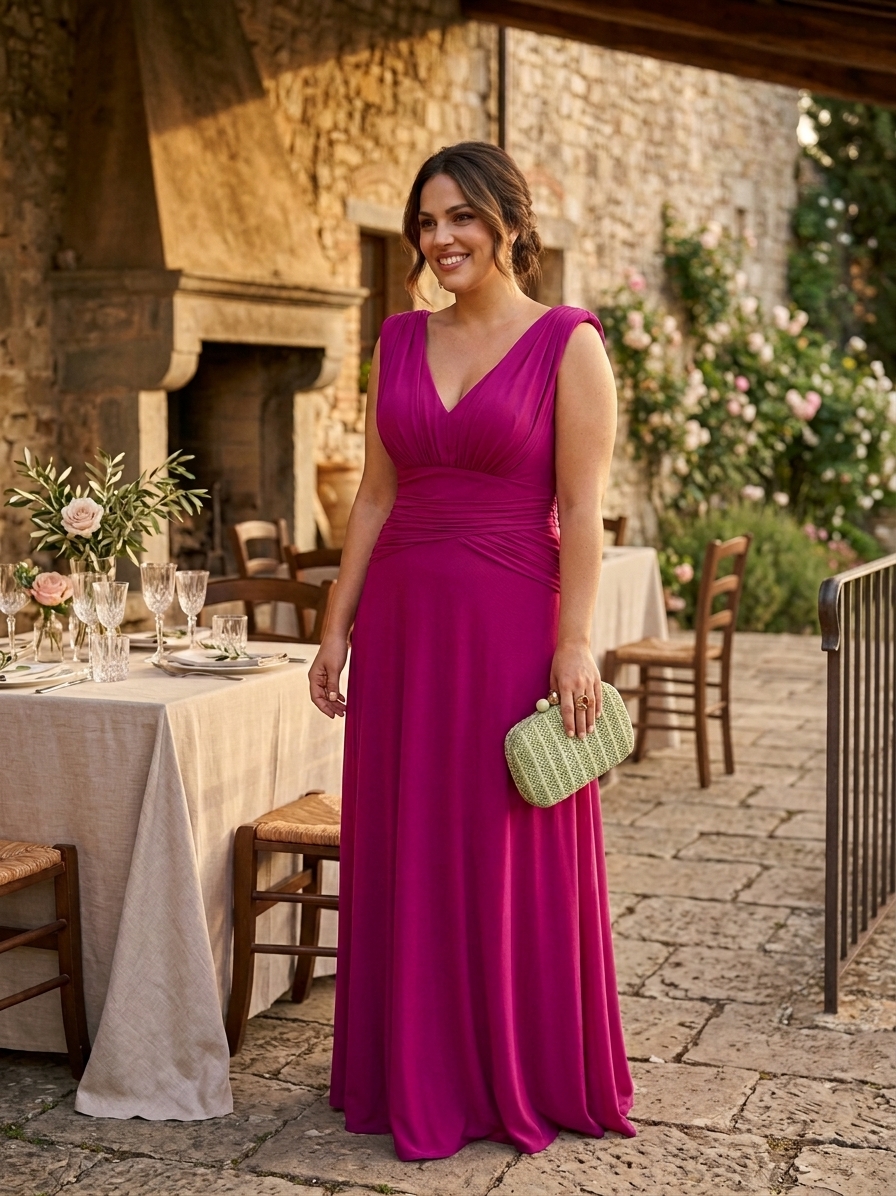 Modelo luciendo el vestido Serea en color buganvilla, vestido largo de fiesta con escote en pico y cintura drapeada.