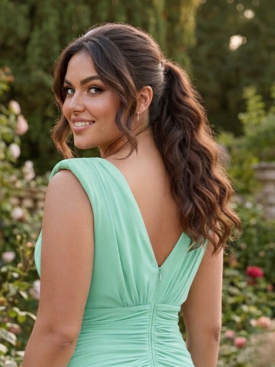 vestido largo de boda midsize escote en pico espalda verde menta