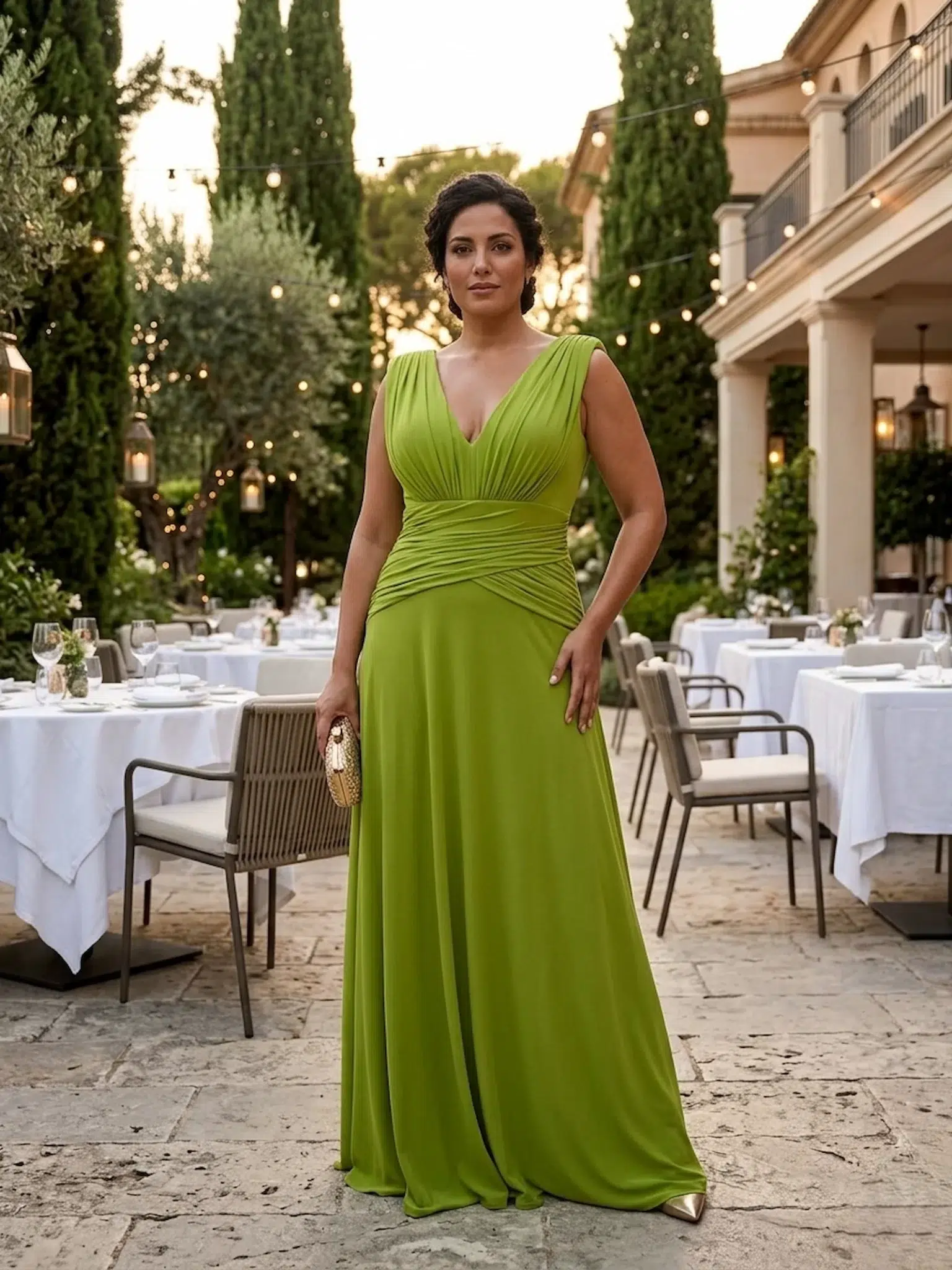 vestido largo invitada con escote en pico favorecedor en color verde oliva