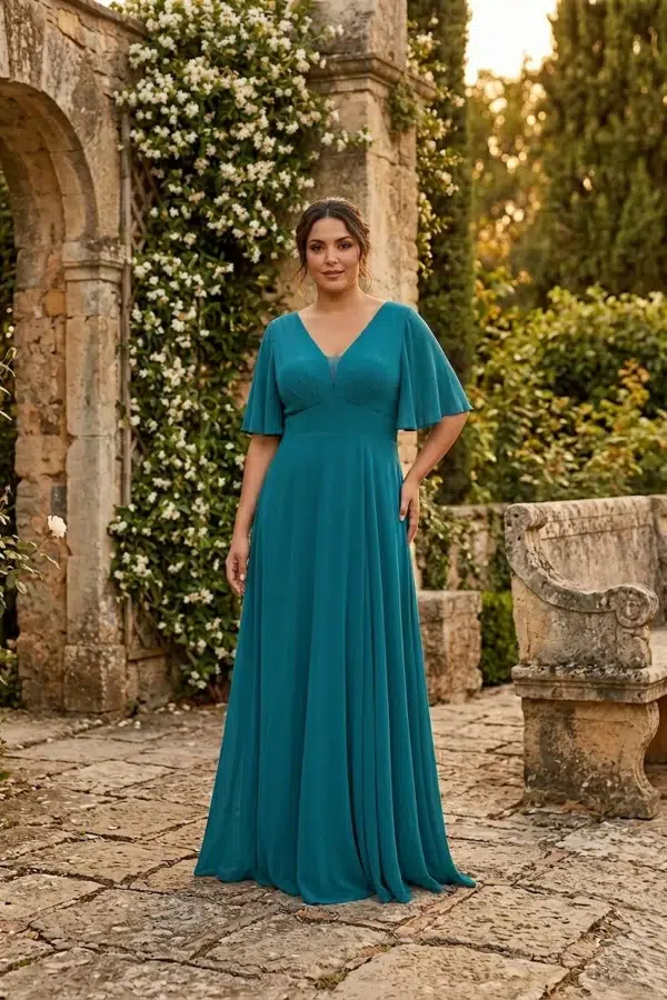 Vestido largo fluido azul petróleo con escote en pico y manga corta para invitada