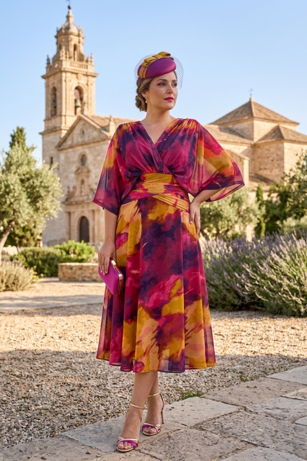 vestido midi estampado invitada en rosa y mostaza