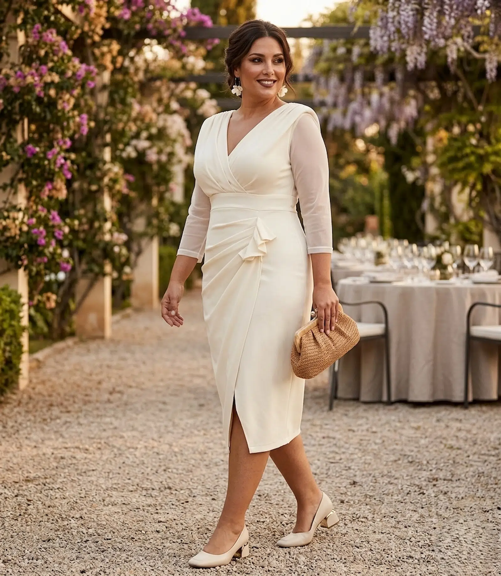 vestido midi madre de comunión en blanco roto escote en pico