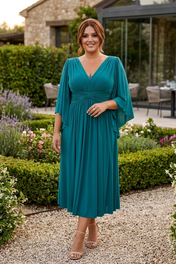 Vestido midi invitada elegante azul petróleo Anette
