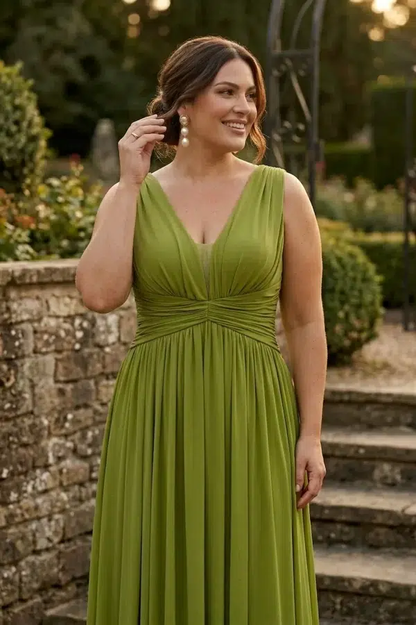 modelo de talla media con vestido verde favorecedor con escote en pico, tallas midsize