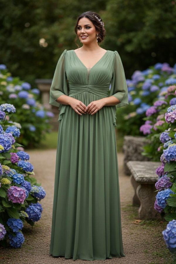 vestido largo de invitada con mangas escote en pico tallas grandes en verde oliva