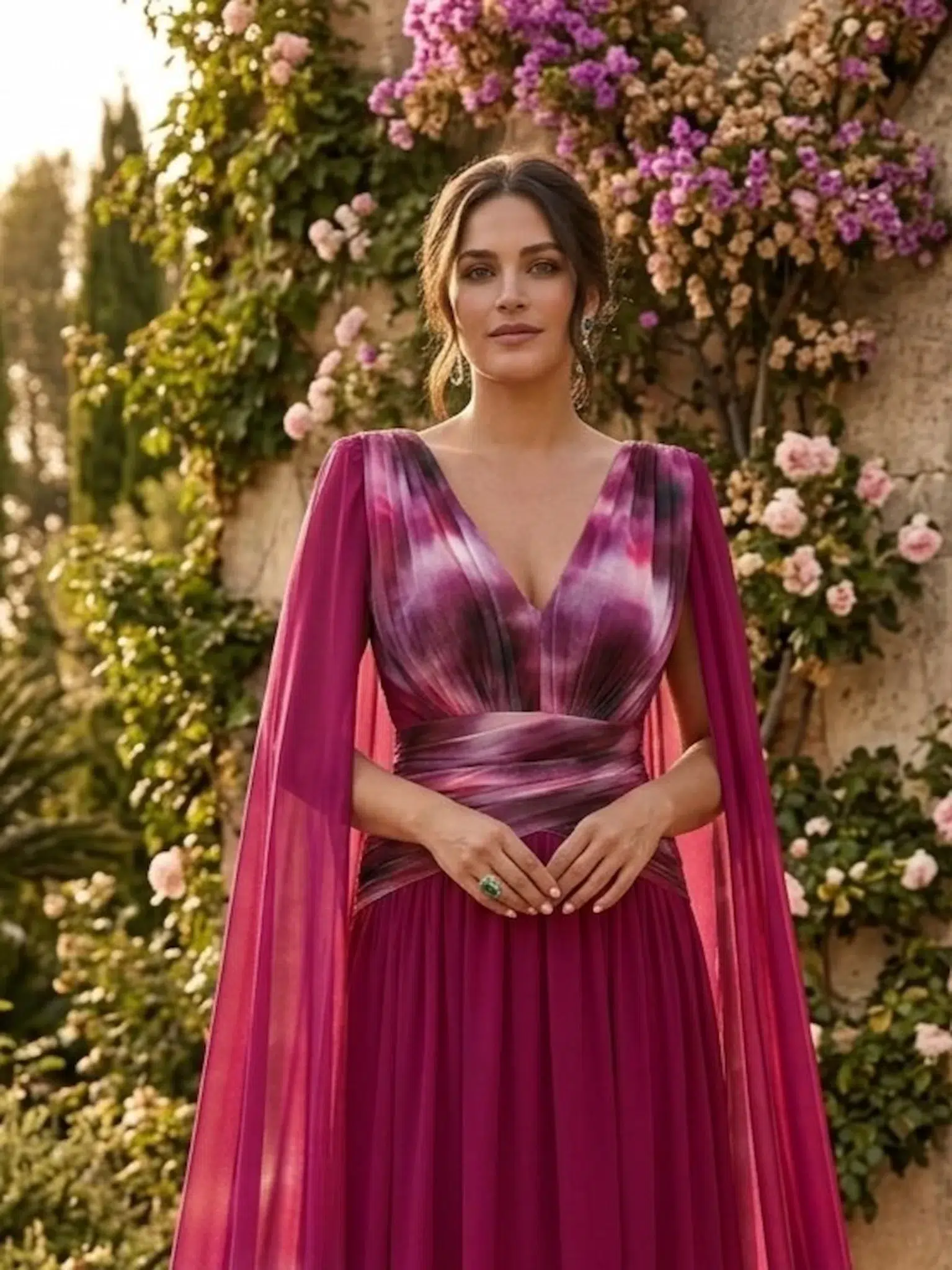 vestido Helena con mangas capa color buganvilla