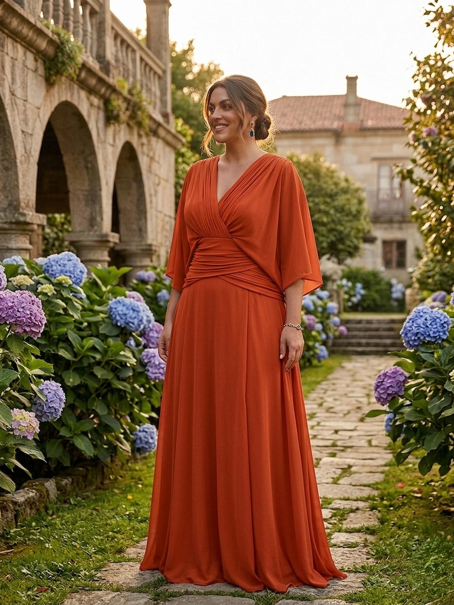 Vestido largo Sarela color caldera para invitada con cintura drapeada