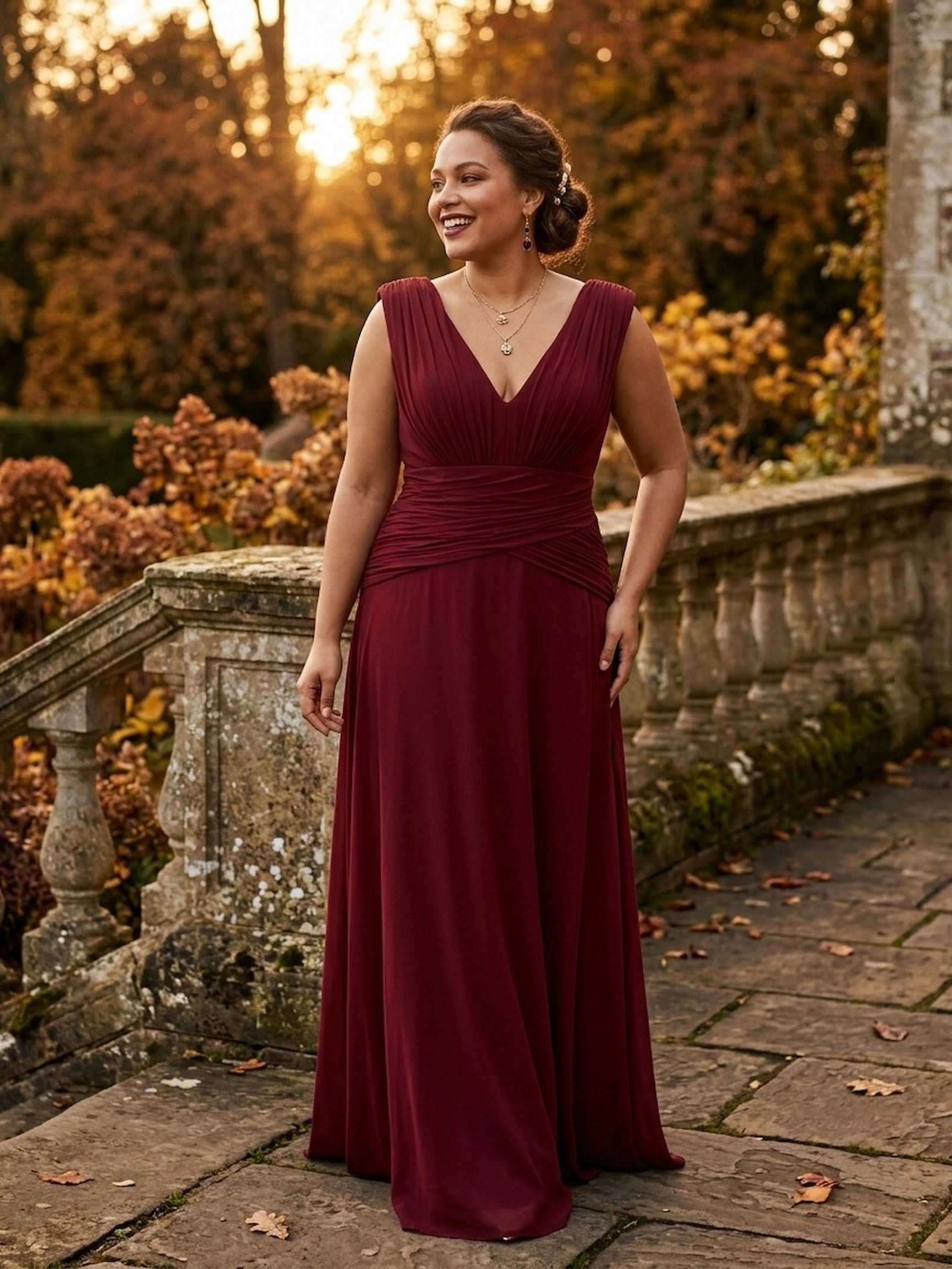 vestido de invitada Serea color burdeos elegante y cómodo, con escote en pico y cintura drapeada