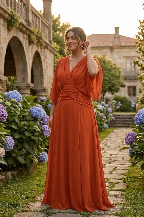 Vestido Sarela largo de invitada color caldera con escote cruzado y cintura drapeada