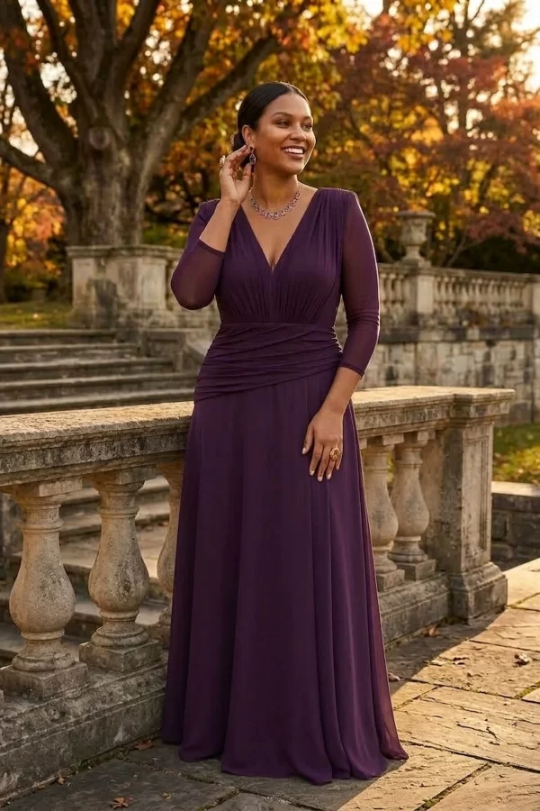 vestido brétema ciruela drapeado manga 3/4 escote en pico tallas midsize