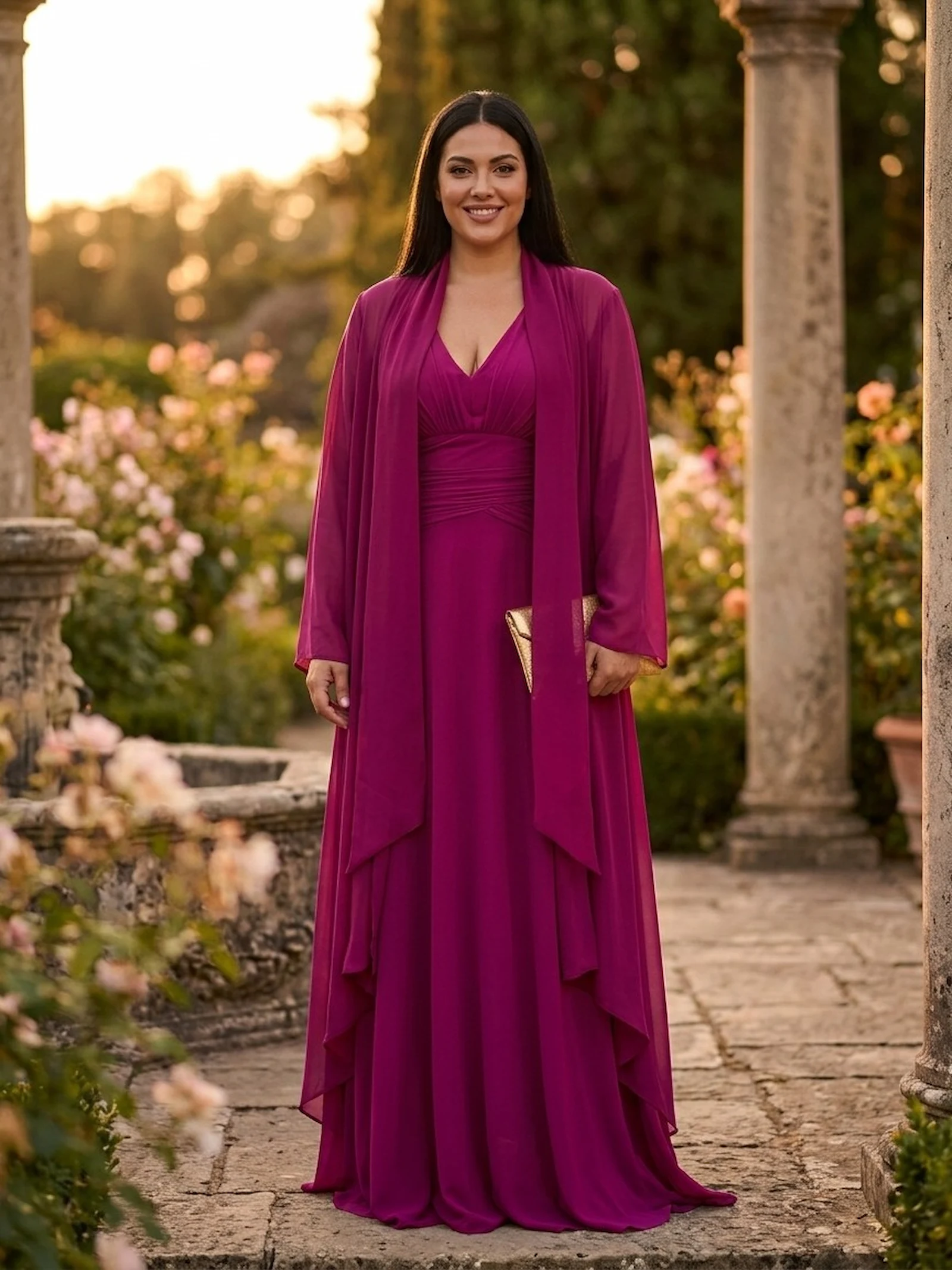 kimono largo de invitada con chal para llevar suelto o al cuello en color buganvilla
